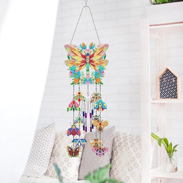 Diamantmålning Vindspel, Solfångare Konst Vindspel Kit Dubbelsidig 5D Fjäril och Kolibri Hängande Ornament för Vuxna Butterfly C