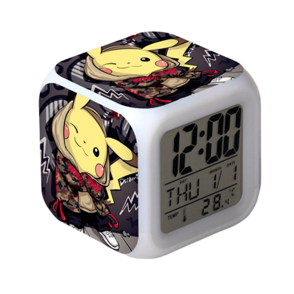 Pikachu Colorful Alarm Clock LED Square Clock Digital väckarklocka med tid, temperatur, alarm, datum