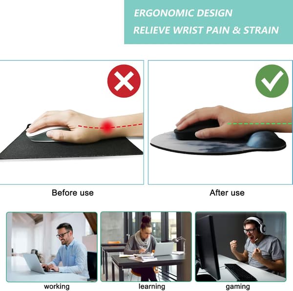 Musematte med håndleddstøtte, ergonomisk musematte med minnefoam håndleddstøtte, sklisikker gummi bunn spillmusematte for hjemmet