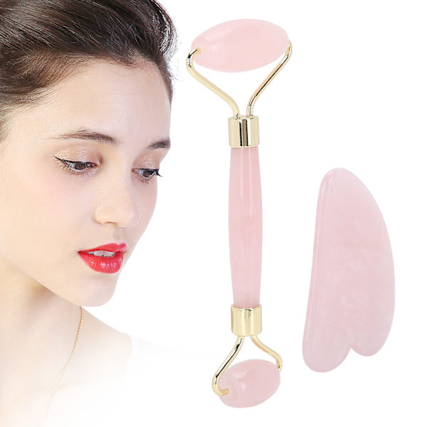 Kasvojen rullaussetti Rose Quartz -kasvomassageri Anti-Aging Ryppy Gua Sha Kauneusväline (Kulta)