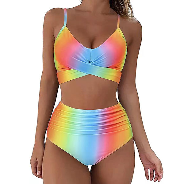 Damomslag Bikini Set Push Up Hög Midja Tvådelad Baddräkt Split Ormhud Tryck Baddräkt för Simning (regnbågsremsor) M