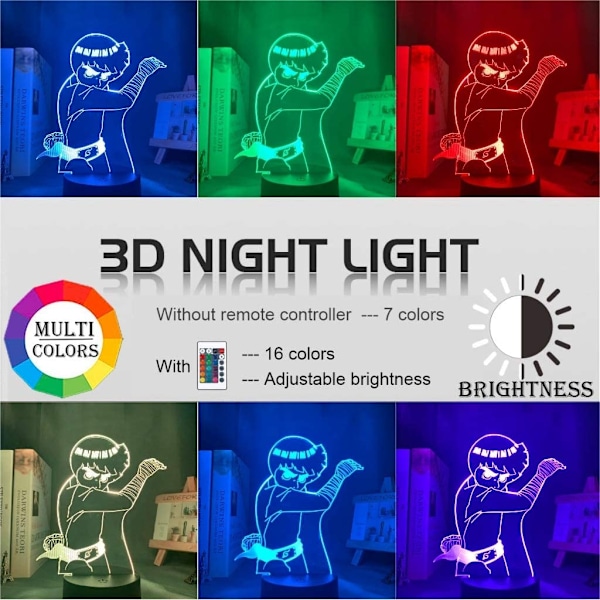 Naruto Rock Lee Natlampe med 7 Farveskift LED - Actionfigur til Børneværelset - 3D Visuel Anime USB Skrivebordslampe med Berøringsbase og IR-Fjernbetjening