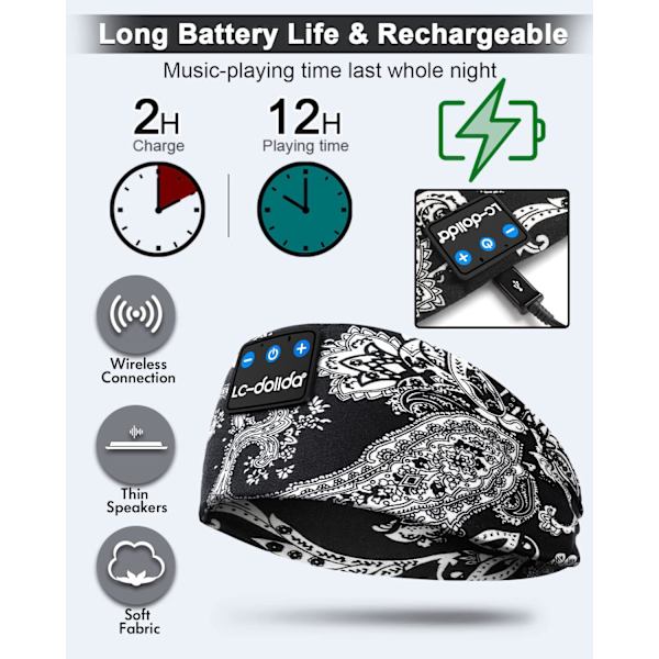 Sömnhörlurar Bluetooth-pannband Musikpannband Trådlöst Band Pannbandshörlurar med tunna HD-stereohögtalare Perfekt för sidosovare, Sport, Y
