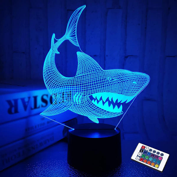 Shark 3D Illusion Nattlampa Djur Touch Bordsslampa, med Fjärrkontroll 16 Färger Optisk USB LED Nattlampa för Barn Semester