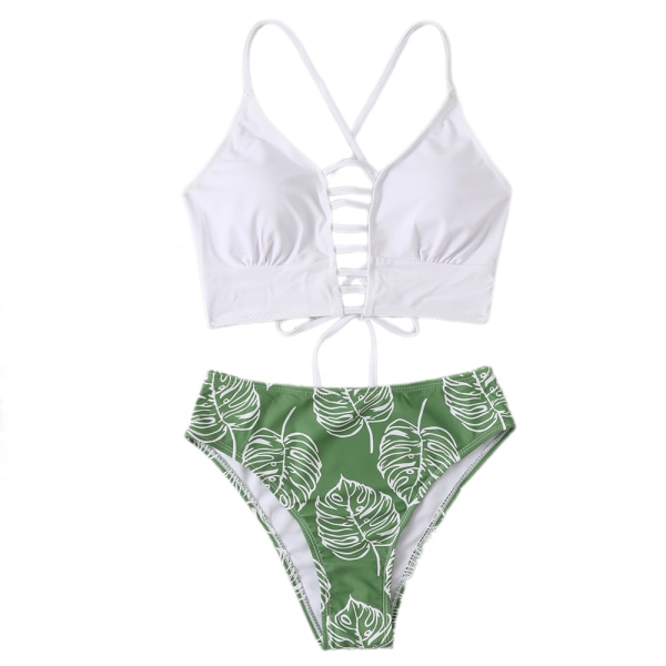 Bikinibadkläder för kvinnor Blommönster Snörning Print Snörning Tvådelad baddräkt för tropiska semester, sommar (vit) S
