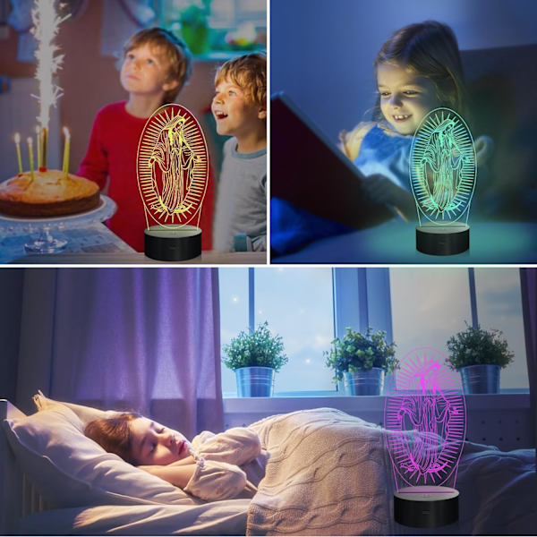 Jungfru Maria Gåvor, WJ 3D Vår Fru Nattljus Illusion Hologram Lampa 16 Färgförändring med Fjärrkontroll + Timer, LED Bästa Födelsedag Kristna Present
