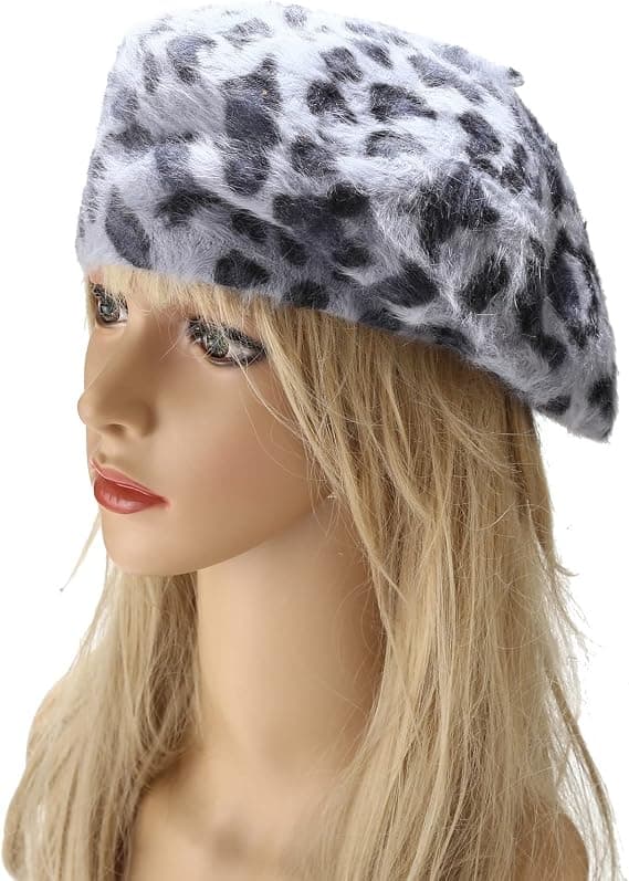Fluffy Leopard Print Beret Hat Trendy Cheetah Pattern Franske Hatte Vinter Varmt Kunstner Caps til Kvinder