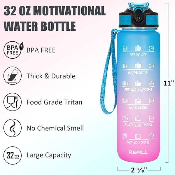 32 oz Motiverende Vannflaske med Tidmerker & Sugerør - Frostert Bærbar Gjenbrukbar Treningsflaske 1L (Sorbet)