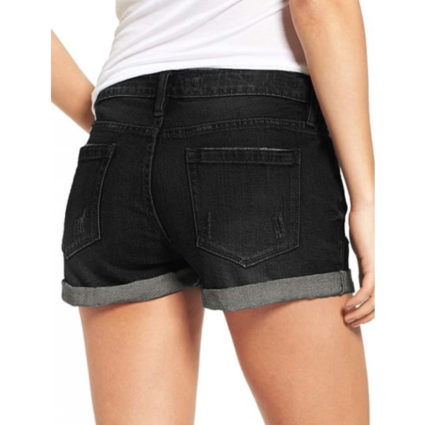 Ripped jeanshorts för damer Stretchig, vikt fåll Korta jeans --- Svarta （Storlek XL）