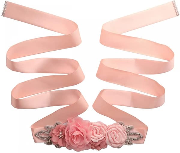 Bröllopssashbälte med blommor, pärlor, strass, klänning, graviditetsbälte, brudtärnor, ljusrosa