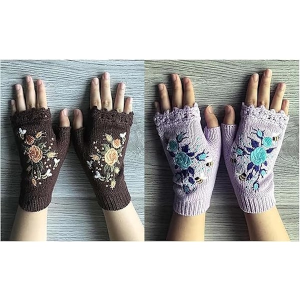 Håndbroderede Handsker, 2023 Nye Kvinders Strikede Handsker Blomster Handsker, Vinter Håndlavet Broderi Strikket Fingerløse Handsker, 01