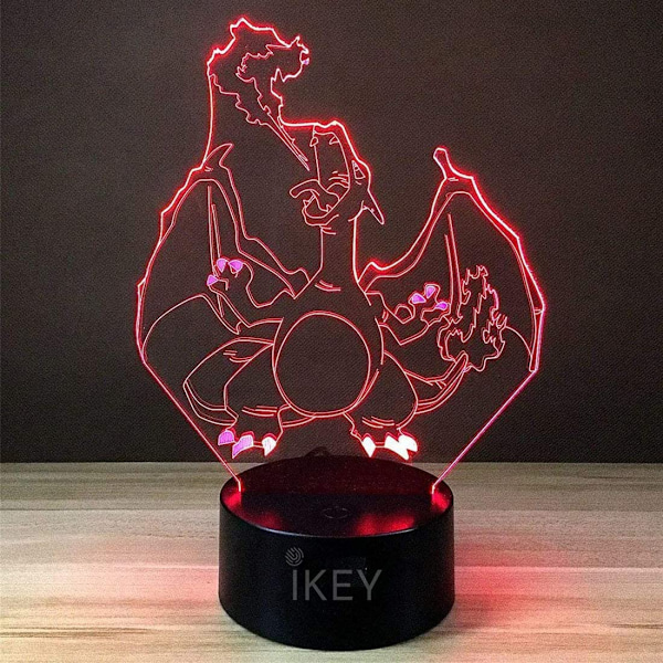 3D Illusion Charizard LED nattlys, 7 farger gradvis endring USB berøring bryter 3D visuelle lys for feriegaver eller hjemmedekorasjoner