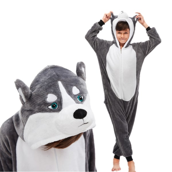 Fleece-lastuinen lasten tiikerin onesie-pyjama jouluun, halloweeniin, eläinten cosplay-pyjamaan, asuun - Harmaa Husky 130 cm