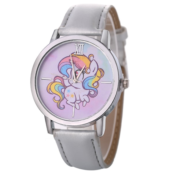 Watch Unicorn Pattern Quartz Watch, Söta tecknade watch silver läderrem