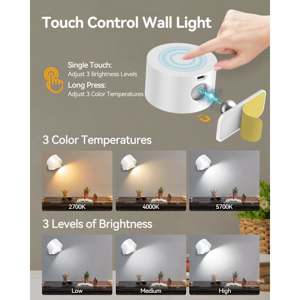 Væglampe, Touch Control Væglampe, 3 Lysstyrkeniveauer & 3 Farver Vægmonteret 360° Rotation LED Væglampe, Indendørs Billedlampe Læselampe white