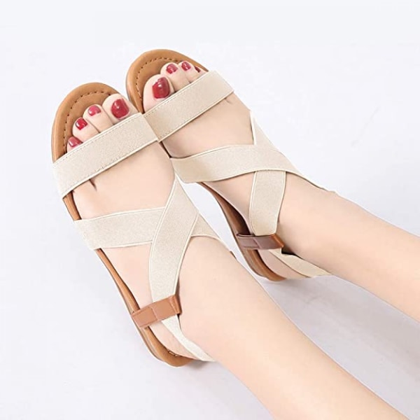 Elastiske søte flate sandaler for kvinner Casual sommer strand sko Sandal ferie reise Gladiator sandaler ------ Beige（Størrelse 35）