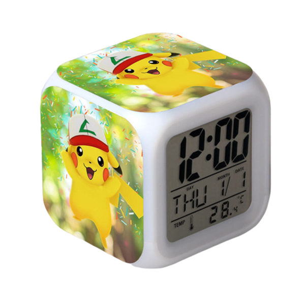 Pikachu Färgglad Väckarklocka LED Kvadratisk Klocka Digital Väckarklocka med Tid, Temperatur, Alarm, Datum