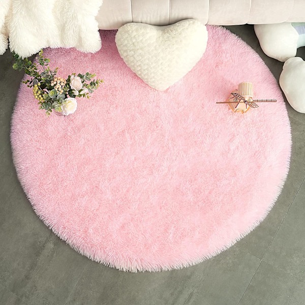 Diameter 100cm/39.4" Pure color round carpet, soft plush non-slip carpet, fluffy carpet (Pink)