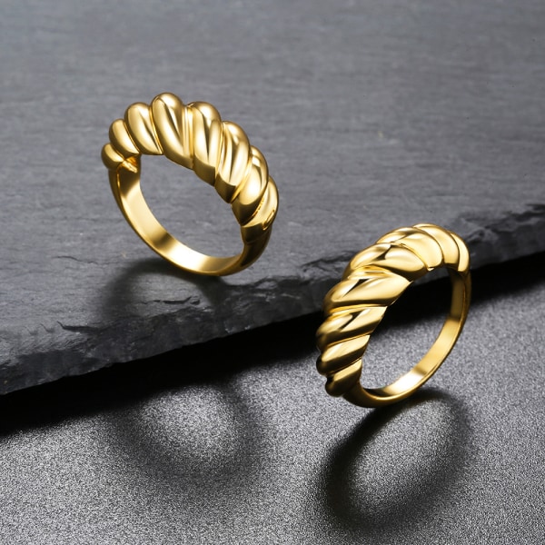 14K Guldpläterad Croissant Dome Ring Vriden Flätad Guldpläterad Ring | Chunky Signetring, Gul - Croissant, Storlek: 9