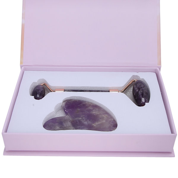 Bærbar ansiktsmassasjerull, ansiktsmassasjerull, hjerteformet Gua Sha-tavlesett (ametystrull, hjerteformet Gua Sha-tavle)