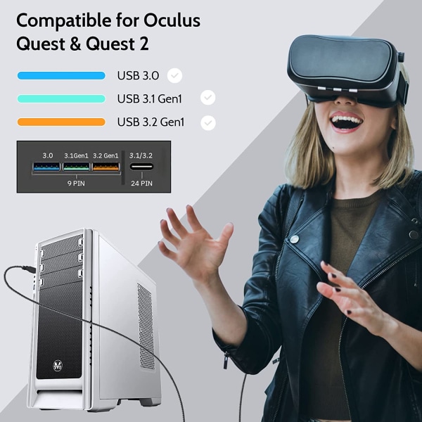 Länkkabel kompatibel för Oculus Quest 2 16ft, snabbladdning och PC-dataöverföring USB C 3.2 Gen1-kabel för VR-headset och speldator