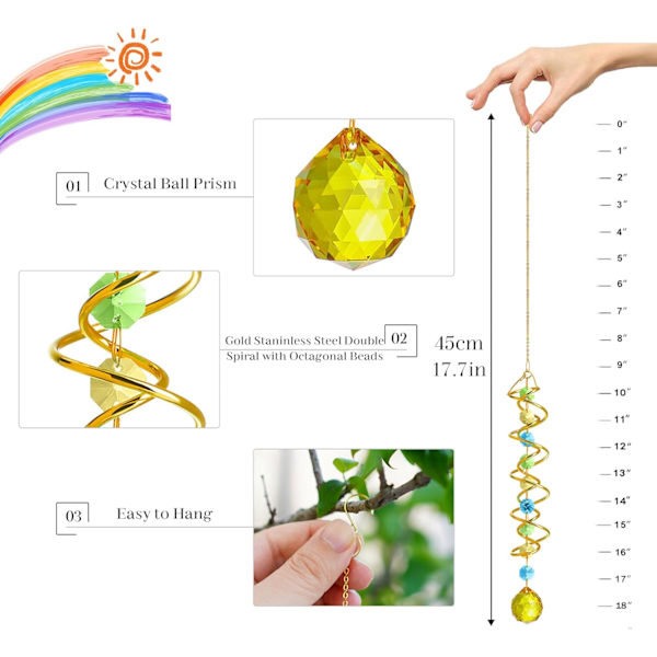 WJ123Glass Gazing Ball Spiral Tail Krystal Dekorativ Vindmølle Solfanger, 17.7in Regnbue Maker Dobbelt-Spiral Med Gul Krystal Yellow Ball Drop Prism