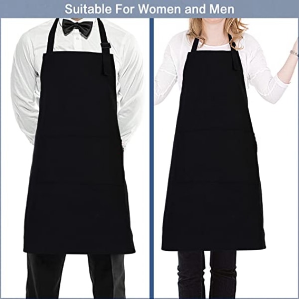 Köksförkläde Justerbart svart 100 % bomullsförkläde med 2 fickor, kockförkläde, dam- och herrförkläde