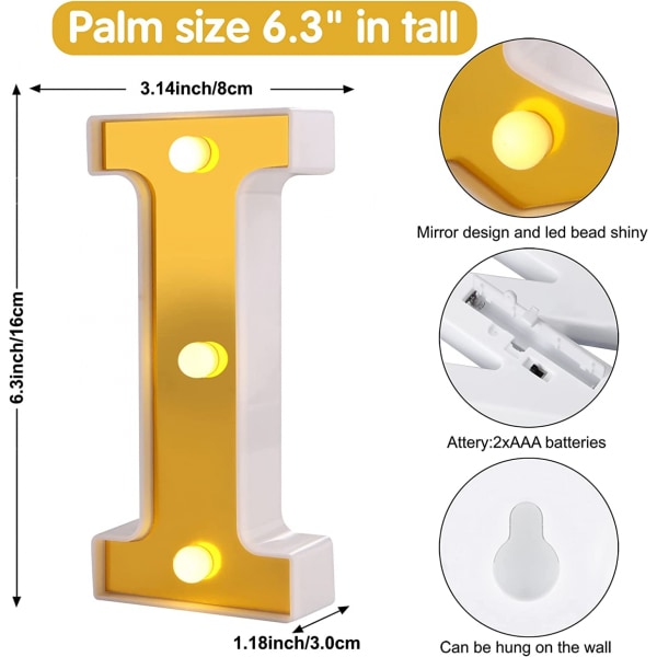 Qinwei LED-bokstavlys, skilt med 26 gyldne alfabetlys, opplyste bokstaver, skilt for bryllup, bursdagsfest, jul, hjem, bardekorasjon (gull I)