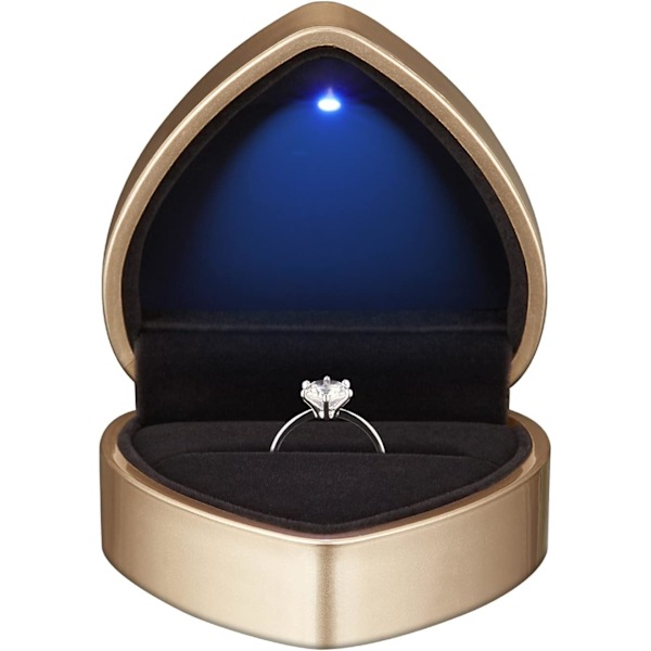 Hjärtformad LED-ring presentförpackning med sammetsinredning - Elegant smyckeskrin för bröllop, förlovning, frieri, födelsedag & årsdag gold