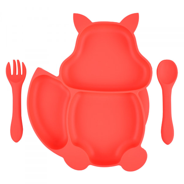 Baby Mat Set, Baby Cutlery Set Mini Silicone Dinner Tableware (Dinner Plate + Plastic Spoon) Red