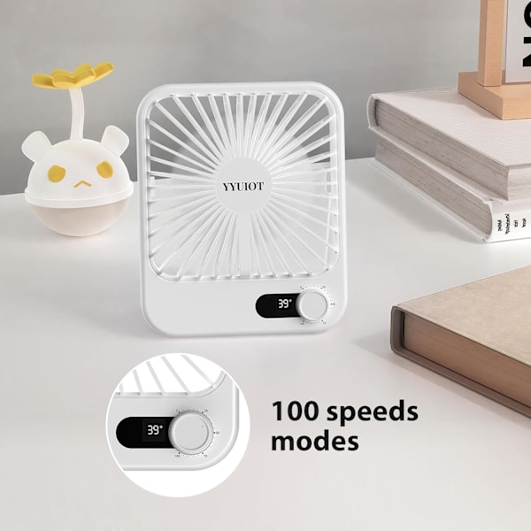 Bordsfläkt Batteridriven, USB Uppladdningsbar Fläkt, 2400mAh 180° Tyst Personlig Fläkt Med Strömdisplay, 100 Hastigheter Justerbar Bordsfläkt White