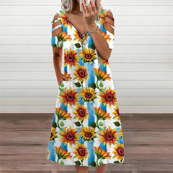 Sommarblommigt print för kvinnor med kors V-ringad klänning Bohemian Flowy Långa Maxiklänningar, Solros (XL)