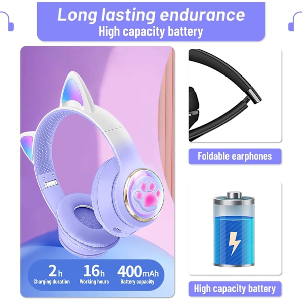 Bluetooth-hovedtelefoner til børn, søde ørekatteøre LED-lys op Foldbare hovedtelefoner Stereo Over Ear med mikrofon/TF-kort trådløs Hea