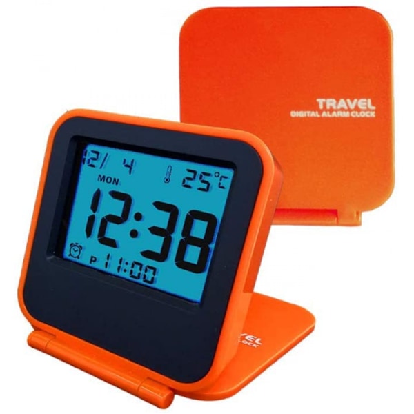 Kompakt digital reseväckarklocka, batteridriven liten reseväckarklocka med nattlampa, bärbar hopfällbar minilådstemperaturklocka (orange)