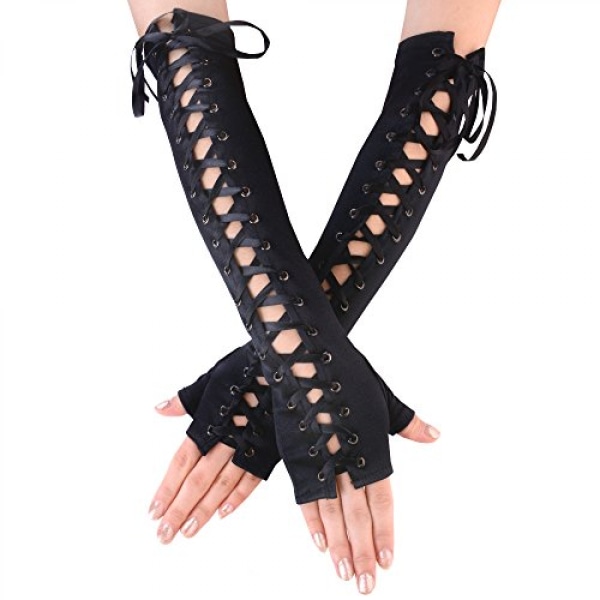 AVEKI Fingerlösa handskar för kvinnor Armbåge Snörning steampunk Kostym Armvärmare, Satin Black