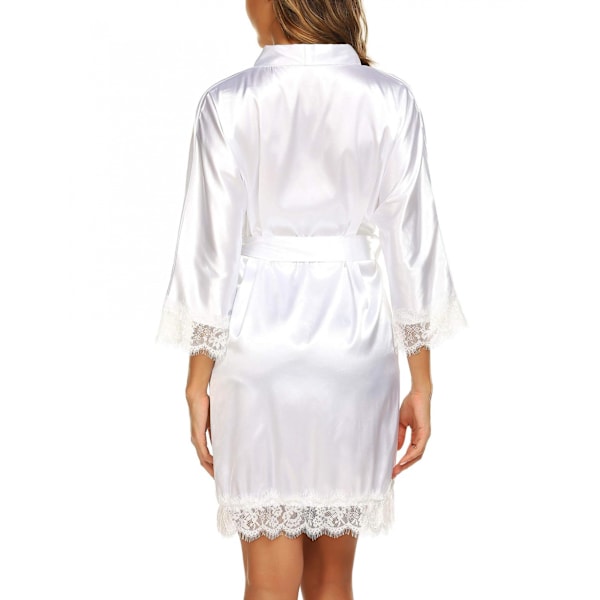 Dames Satin Silke Badekåbe Skrå V-hals Kort Kimono Robe Brudepiger Robe  ------ Hvid (Størrelse  XL)