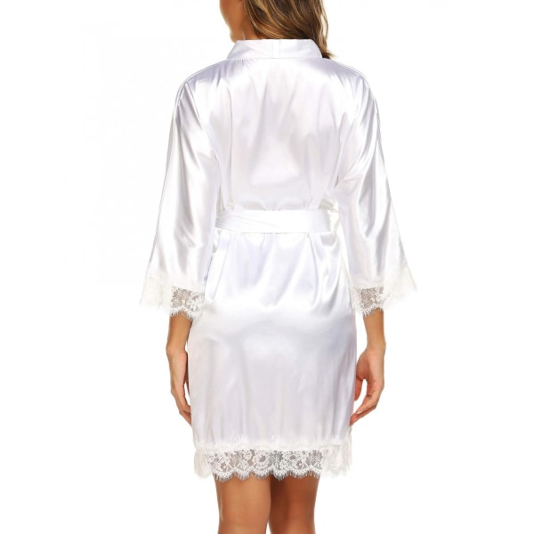 Kvinders Satin Silke Badekåbe Skrå V-hals Kort Kimono Robe Brudepiger Robe  ------ Hvid (Størrelse  L)