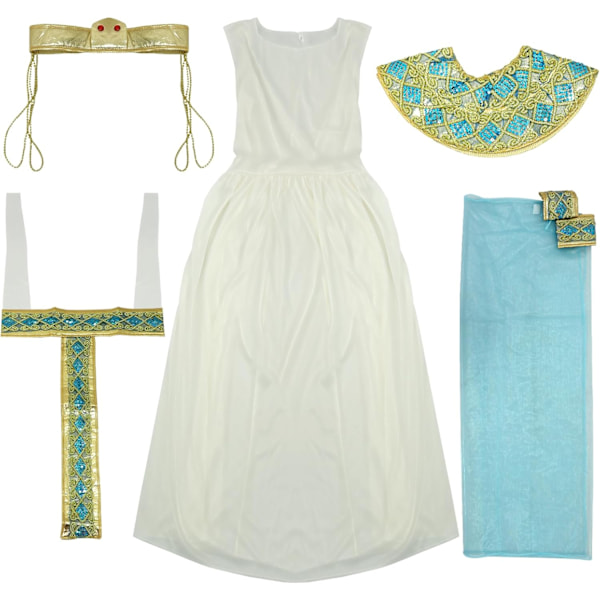 Cleopatra-kostym för flickor, Egyptisk kostymklänning, Kap, Bälte, Krage, Huvudbonad, Armband, Egyptisk Outfit, 4-12 år Medium Blue