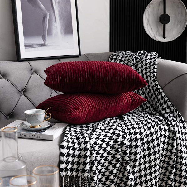 Vinröda Kuddfodral: 2-pack 12x20 tum Originella Randiga Sammetskuddfodral för Soffa i lantlig stil