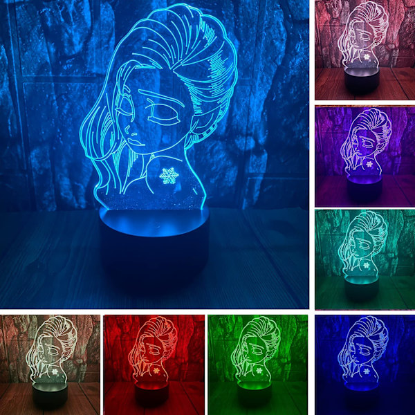 Prinsesse Elsa 3D LED Optisk Illusjon Soverom Dekorasjon Bordlampe med Fjernkontroll 7 Farger Skift Dimbar Akryl Nattelys Bursdag