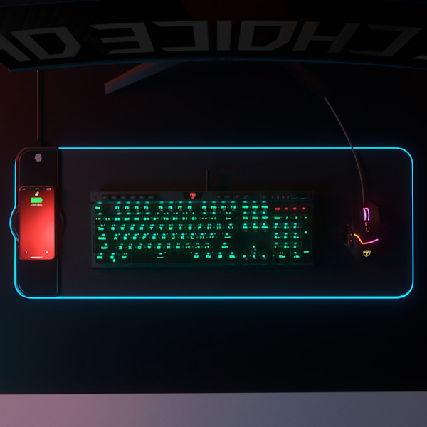 Trådløs Opladning RGB Gaming Mousepad, 10 Lystilstande Ekstra Stor Mousepad Skridsikker Gummibund Computer Tastaturmåtte, 800x300x4MM