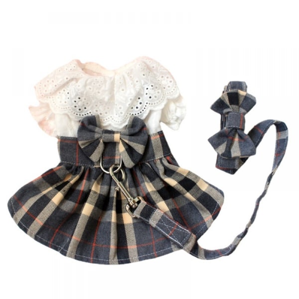 Dog Dress With Dog Leash, Puppy Dress Puppy Cat Dress Summer Dog Bow Skirt Denim Plaid Lace Dog Dress Puppy Girl (S Size)