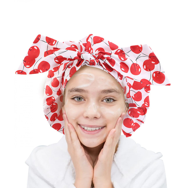 Set 0f 3 Vattentät cap för barn, tjejbadmössa av sött mönster Tvättbara återanvändbara duschmössor - Söt cap för hemmabruk, hotell (Cherry)
