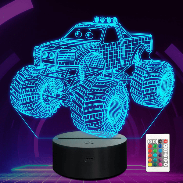 JUSTUP Monster Trucks Nattlampa Pica 3D Illusion Lampa 16 färger som ändras med fjärrkontroll Kreativa födelsedagspresenter för barn Pojkar Sovrumsinredning