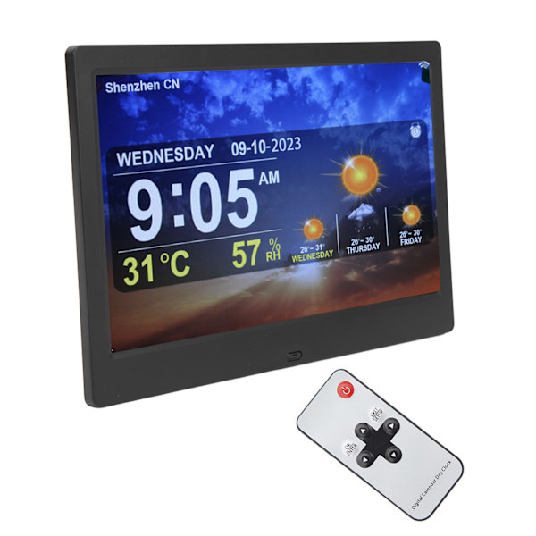Digital kalender väckarklocka 10 tum stor display WiFi automatisk dimbar datum dag väckarklocka med fjärrkontroll för hem  Svart
