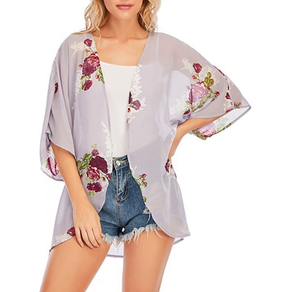 Kvinnors blommiga tryckta ärmlösa Kimono Cardigan Lös Cover Up Casual Blus Toppar --- Grå Blomma （Storlek XXL）