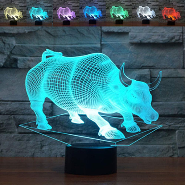 JUSTUP Bull Optisk Illusion 3D LED Sensor Nattlampa med Smart Touch  USB-kabel 7 Färger Ändra Atmosfärlampa för Jul Thanksgiving Dekor
