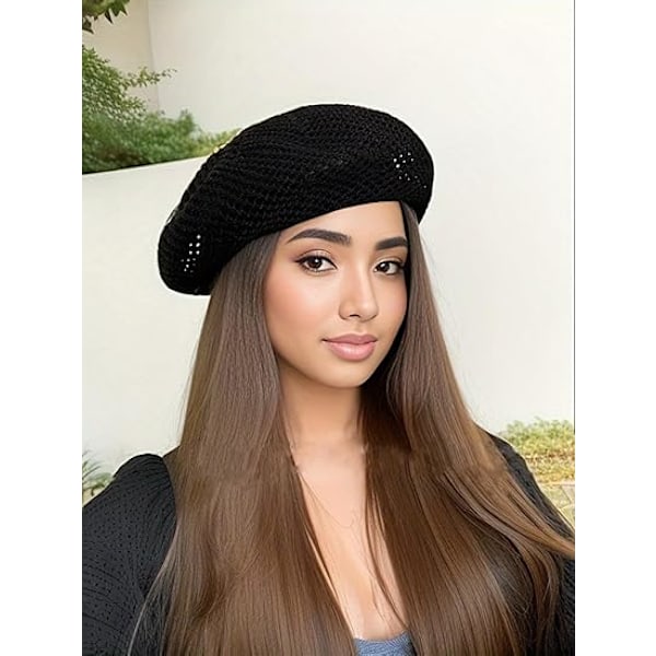 Sommerfransk Beret for Kvinner - Løstsittende Heklet Beret - Kunstnerhatt - Vevd Strandlue