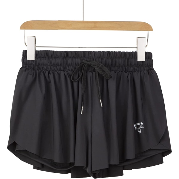 2 i 1 Flowy löparshorts för kvinnor Gym Yoga Athletic Womens Workout Biker Spandex Lounge Sweat Skirt Summer (svart)