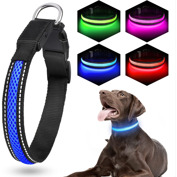 USB uppladdningsbart självlysande hundhalsband led vattentätt djurhalsband tvåfärgat nät hundhals gyllene hår mot avfall på natten (XS, blå)